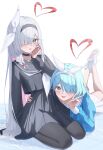  2girls :d absurdres arm_around_waist arm_behind_back arona_(blue_archive) black_hairband black_pantyhose black_sailor_collar black_serafuku black_shirt black_shoes black_skirt blue_archive blue_eyes blue_hair blue_shirt blunt_bangs blush bow braid colored_inner_hair commentary cropped_shirt dere_mono_j eyelashes feet_up full_body grey_eyes grey_hair hair_bow hair_over_one_eye hairband halo hand_on_own_cheek hand_on_own_face hand_up happy heart heart_halo high-waist_skirt highres hug long_bangs long_hair long_sleeves lying miniskirt mismatched_pupils multicolored_hair multiple_girls neckerchief on_stomach open_mouth pantyhose pink_hair plana_(blue_archive) pleated_skirt puffy_long_sleeves puffy_sleeves red_halo red_pupils sailor_collar school_uniform serafuku shirt shoe_soles shoes short_hair simple_background single_braid sitting skirt smile sneakers straight_hair tareme the_pose tile_floor tiles tsurime v very_long_hair wariza white_background white_bow white_hairband white_neckerchief white_sailor_collar white_shoes white_skirt 