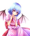  bat_wings blouse blue_hair blush bow brooch clenched_hands contrapposto cravat expressionless eyebrows_visible_through_hair fingers_together head_tilt jewelry looking_at_viewer no_headwear pink_blouse pink_skirt pink_wings puffy_short_sleeves puffy_sleeves red_eyes remilia_scarlet sash short_hair short_sleeves simple_background skirt solo standing touhou white_background wings yanagi_no_ki 