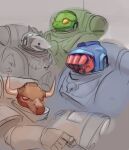  adeptus_astartes alternate_costume armor black_eyes blue_armor brown_armor bull chumiicham clenched_hand covered_face english_commentary extra_hands fake_hand_mouth fake_horns fake_mouth fake_nose fake_shark_fin fake_teeth frog green_armor grey_armor grey_background helmet highres horns limited_palette minotaur partially_colored pauldrons power_armor red_armor red_eyes science_fiction shark shoulder_armor sketch tube upper_body warhammer_40k yellow_eyes 