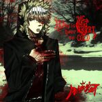  1boy artist_name bare_tree black_coat black_shirt blood blood_on_chest blood_on_hands brown_hair coat collarbone_piercing commentary cross dumbskot english_commentary english_text face_piercing fingernails fur_hood hair_between_eyes hair_over_one_eye hand_on_own_chest hand_up highres hood hood_up hooded_coat injury jewelry long_fingernails long_sleeves male_focus mouth_piercing multicolored_hair multiple_piercings multiple_rings necklace outdoors parted_lips piercing red_eyes ring river shirt short_hair snow solo stitched_face stitched_hand stitches tree two-tone_hair whatsaheart_(musician) white_hair 