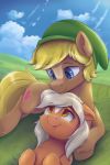  2016 absurd_res ardail blonde_hair blue_eyes cloud crossover cute cutie_mark duo earth_pony epona_(tloz) equine eye_contact eyebrows eyelashes female feral floppy_ears fur grass grey_hair hair hat hi_res hooves horse link lying male mammal my_little_pony nintendo nude on_back outside ponification pony sky smile the_legend_of_zelda tongue tongue_out video_games yellow_eyes 
