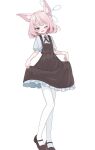  1girl alternate_costume animal_ear_fluff animal_ears blue_archive blue_eyes blush brown_dress brown_ribbon brown_shoes dress fox_ears fox_girl inaba_reito looking_at_viewer niko_(blue_archive) one_eye_closed open_mouth pantyhose pink_hair ribbon shirt shoes short_hair short_sleeves skirt_hold solo white_pantyhose white_shirt 