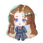  1girl black_coat black_pants black_vest blue_eyes brown_hair chibi coat collared_shirt full_body funnibunni highres limbus_company long_hair long_sleeves looking_at_viewer necktie open_mouth pants parted_bangs project_moon red_necktie rodion_(project_moon) shirt simple_background solo standing vest white_background white_shirt 