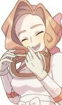  1girl :d bandana breasts brown_hair closed_eyes commentary_request gloves goggles goggles_around_neck hands_up happy highres jacket open_mouth palina_(pokemon) pokemon pokemon_legends:_arceus sasami_642 short_hair smile solo teeth tongue upper_body upper_teeth_only 