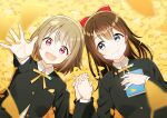 2girls :d absurdres autumn_leaves black_jacket blue_eyes blurry blurry_foreground book bow brown_hair closed_mouth collared_shirt commentary hair_between_eyes hair_bow highres holding holding_book holding_hands hugging_book hugging_object interlocked_fingers jacket leaf long_hair long_sleeves looking_at_viewer love_live! love_live!_nijigasaki_high_school_idol_club lying multiple_girls nakasu_kasumi neck_ribbon nijigasaki_school_uniform on_back open_mouth osaka_shizuku outstretched_arm outstretched_hand purple_eyes red_bow ribbon school_uniform shirt short_hair sidelocks smile winter_uniform yatogame765 yellow_background yuri 