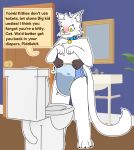 absurd_res ambiguous_gender anthro bathroom blush bodily_fluids collar diaper felid feline genital_fluids hi_res looking_down mammal moopleplush paw_pose pose pull-ups_(diaper) solo toilet unclean_diaper urine used_diaper wet_diaper