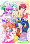  +_+ 6+girls animal_on_head apron arisugawa_himari arm_up arms_around_waist biburi_(precure) big_hair black_dress blonde_hair blue_dress blue_eyes blue_hair blue_jacket blue_pants blunt_bangs bow braid brown_hair buttons chourou_(precure) clenched_hand closed_mouth coat collarbone collared_coat collared_jacket collared_shirt colorful_background copyright_name cowboy_shot denim dog dot_nose dress drill_hair eyelashes fang feather_hair_ornament feathers fingernails food-themed_hair_ornament forehead frilled_apron frills green_hair green_skirt hair_bow hair_ornament hairband hand_on_own_chest hand_on_own_hip happy height_difference highres holly_hair_ornament hug hug_from_behind jacket jeans julio_(precure) kenjou_akira kirahoshi_ciel kirakira_precure_a_la_mode kotozume_yukari lapels layered_shirt layered_sleeves leaning_to_the_side leather leather_jacket light_blush long_hair long_sleeves looking_at_viewer low_twin_braids maid maid_headdress miniskirt momo02634 multiple_girls notched_lapels on_head one_eye_closed open_clothes open_coat open_jacket open_mouth outline pants pekorin_(precure) pinafore_dress pink_bow pink_dress pink_eyes pleated_dress pleated_skirt precure puffy_short_sleeves puffy_sleeves purple_coat purple_eyes purple_hair red_eyes red_hair red_hairband reverse_trap shirt short_dress short_hair short_over_long_sleeves short_sleeves skirt sleeve_cuffs sleeveless sleeveless_dress smile sparkling_eyes spheres standing star_(symbol) star_symbol_background strawberry_hair_ornament sweatdrop tareme tategami_aoi teeth thick_eyebrows tsurime twin_braids twintails upper_teeth_only usami_ichika v v-neck waist_bow watermark white_apron white_outline white_shirt yellow_bow yellow_shirt 