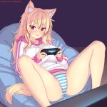  1girl :p animal_ear_fluff animal_ears blonde_hair blush breasts cat_ears cat_girl cat_tail commentary controller english_commentary game_controller highres holding holding_controller holding_game_controller jacket large_breasts long_sleeves lying multicolored_hair no_pants nottytiffy on_back original paid_reward_available panties patreon_username red_eyes red_hair smile solo spread_legs streaked_hair striped_clothes striped_panties tail thighs tiffy_(nottytiffy) tongue tongue_out underwear white_jacket 