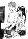  1boy 1girl 774_(nanashi) closed_mouth commentary eating food full_body greyscale hachiouji_naoto highres ijiranaide_nagatoro-san long_hair long_sleeves monochrome nagatoro_hayase official_art pants seiza short_hair simple_background sitting skirt sushi television unfinished white_background 