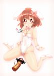  animal_ears bar_censor bow bowtie brown_hair bunny_ears bunny_girl bunnysuit censored commentary_request detached_collar full_body high_heels inaba_tewi jewelry leotard looking_at_viewer magic_hand mushroom pendant pink_neckwear pointless_censoring red_eyes sexually_suggestive short_hair simple_background sitting solo strapless strapless_leotard touhou wariza white_background white_footwear white_leotard wrist_cuffs yagokoro yanmarson 