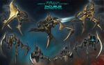  3d amarr_empire_(eve_online) commentary concept_art copyright_name destroyer_(eve_online) english_text eve_online glowing iosifchezan military_vehicle nebula no_humans original science_fiction space spacecraft star_(sky) starry_sky_background thrusters vehicle_focus 