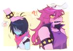  !? 1girl 1other armlet black_hair blue_skin blush border colored_sclera colored_skin deltarune embarrassed four_weeks furry furry_female hand_on_another&#039;s_head headpat highres jewelry kris_(dark_world)_(deltarune) kris_(deltarune) long_hair open_mouth outside_border pink_scarf pink_skin purple_eyes purple_hair purple_shirt scarf shirt short_hair spiked_armlet susie_(dark_world)_(deltarune) susie_(deltarune) sweatdrop upper_body white_border yellow_background yellow_sclera 