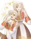  1boy 1girl arm_around_neck black_coat blonde_hair blush breasts brown_coat coat commentary_request cowboy_shot crossdressing dated dated_commentary genderswap genderswap_(mtf) gold_trim green_eyes high_priest_(ragnarok_online) long_hair long_sleeves looking_at_viewer medium_breasts multicolored_coat one_eye_closed open_mouth ragnarok_online red_coat red_eyes sharari short_hair smile two-tone_coat v-shaped_eyebrows very_long_hair w white_background white_coat 