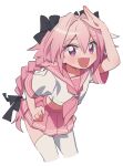  1boy astolfo_(fate) astolfo_(sailor_paladin)_(fate) black_bow black_ribbon blush bow braid commentary cropped_legs crossdressing fang fate/grand_order fate_(series) hair_between_eyes hair_bow hair_ribbon hand_on_own_hip highres koyashaka long_hair looking_at_viewer male_focus neckerchief open_mouth pink_eyes pink_hair pink_neckerchief pink_sailor_collar ribbon sailor_collar school_uniform serafuku simple_background single_braid solo symbol-only_commentary thighhighs trap twitter_username white_background white_thighhighs 