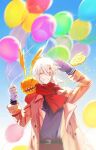  1boy allen_walker balloon belt black_belt blue_sky brown_coat brown_pants closed_eyes coat collared_coat creature creature_on_shoulder cross d.gray-man facial_mark facing_viewer floating_hair gloves golem_(d.gray-man) grin hair_between_eyes hand_up highres holding holding_balloon horns low_ponytail male_focus medium_hair on_shoulder open_mouth pants ponytail purple_shirt red_scarf rocheng scar scar_across_eye scar_on_face scarf shirt sidelocks sky smile solo star_(symbol) star_facial_mark striped_clothes striped_gloves sunlight tail teeth timcanpy trench_coat white_gloves white_hair wings 
