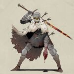  1other armor armored_boots arrow_(projectile) arrow_in_body arrow_in_head artist_name blood blood_on_armor blood_on_hands boots cloak commentary cuisses dark_souls_(series) dark_souls_ii english_commentary full_body gauntlets heide_knight helm helmet highres holding holding_behind_back holding_sword holding_sword_behind_back holding_weapon holding_weapon_behind_back injury mechamichal object_through_head other_focus pauldrons sash shoulder_armor simple_background solo sword torn_cloak torn_clothes waist_sash weapon 