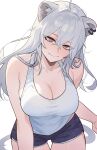  1girl alternate_costume animal_ear_fluff animal_ear_piercing animal_ears arm_under_breasts bare_shoulders breasts cleavage collarbone grey_eyes grey_hair highres hololive large_breasts leaning_forward lion_ears lion_girl lion_tail nokaa_aru shishiro_botan short_shorts shorts sidelocks simple_background skindentation smile solo tail tank_top thighhighs virtual_youtuber white_background 