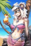 accessory alcohol anthro beach beverage bikini blue_eyes bow_ribbon breasts buns cherryshnapps claws clothing colored_nails countershading crescent_moon crystal dark_stripes diamond_(gem) eyelashes facial_markings felid feline female food forehead_markings fruit fur gem glitter grey_clothing grey_swimwear hair hair_accessory hairclip head_markings headband hi_res humanoid jewelry long_lashes mammal marcy_wong_(zombiecowherd) markings messy_hair moon multicolored_clothing multicolored_swimwear nails necklace pale_hair palm_tree pantherine pink_clothing pink_hairclip pink_nail_polish pink_nails pink_sarong pink_swimwear plant sand sarong sea seashell sequins shell short_hair silver_(metal) silver_jewelry solo sparkles spiral_shell striped_body striped_face striped_fur stripes swimwear thalassophilia_(zombiecowherd) tiger tree tropical two-piece_swimsuit water
