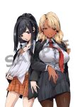  2girls alternate_hairstyle artist_request black_eyes black_hair black_jacket black_pantyhose black_skirt blazer blonde_hair breasts brown_eyes cosplay costume_switch dark-skinned_female dark_skin eyelashes food_court_de_mata_ashita gyaru hairstyle_switch jacket large_breasts long_hair looking_at_viewer miniskirt multiple_girls necktie open_collar open_mouth pantyhose plaid_clothes plaid_skirt pleated_skirt red_necktie sample_watermark school_uniform shirt simple_background skirt source_request standing wada_(food_court) wada_(food_court)_(cosplay) watermark white_background white_nails white_shirt yamamoto_(food_court) yamamoto_(food_court)_(cosplay) 