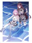  2girls bikini bikini_skirt black_bikini blue_eyes border bracelet breasts brown_hair cleavage closed_mouth eden_(flowing_rhyme)_(honkai_impact) eden_(honkai_impact) elf elysia_(honkai_impact) elysia_(miss_pink_elf)_(honkai_impact) elysia_(summer_miss_elf)_(honkai_impact) eyewear_on_head hair_between_eyes hairband highres honkai_(series) honkai_impact_3rd jewelry looking_at_viewer multiple_girls navel necklace official_alternate_costume oldsprout1108 parted_lips pink_hair pointy_ears shell shell_necklace smile stomach sunglasses swimsuit thigh_strap twintails white_bikini white_border white_hairband yellow_eyes 