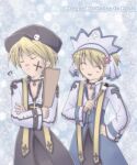  2boys arch_bishop_(ragnarok_online) black_choker black_coat black_hat blonde_hair blue_background blue_coat choker closed_eyes coat commentary_request cross cross_choker cross_of_prontera crossed_arms dated_commentary facepaint hagoita happy_birthday hat hat_ornament headdress holding holding_paddle holding_paintbrush jacket long_sleeves male_focus multiple_boys newsboy_cap open_mouth paddle paintbrush ragnarok_online sharari short_hair skull_hat_ornament smile white_jacket 