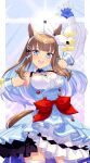  +_+ 1girl :d almond_eye_(umamusume) animal_ears arm_up armpits bare_shoulders blue_dress blue_eyes blue_gloves blue_hair blunt_bangs bow braid breasts brown_hair cleavage collarbone colored_inner_hair commentary_request cowboy_shot detached_sleeves dress fingerless_gloves frilled_dress frills gloves hair_ornament hairband hairclip highres horse_ears horse_girl horse_tail itou_(onsoku_tassha) layered_dress long_hair looking_at_viewer medium_breasts multicolored_hair open_mouth partial_commentary red_bow sidelocks skindentation sleeveless sleeveless_dress smile solo standing symbol-shaped_pupils tail teeth thighhighs umamusume upper_teeth_only white_hairband white_sleeves white_thighhighs x-shaped_pupils zettai_ryouiki 
