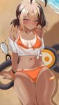  1girl bandaid bandaid_on_leg beach bikini black_hair blonde_hair blush closed_mouth collarbone gigi_murin highres hololive hololive_english midriff multicolored_hair navel orange_bikini pink_eyes shadow shirt smile swimsuit tail tan tanlines tied_shirt two-tone_hair virtual_youtuber wet white_shirt yobi_(ybpac18) zzz 