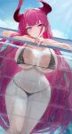  1girl absurdres against_glass azur_lane bikini black_bikini blue_eyes breast_press breasts cleavage cloud day head_tilt heterochromia highres horns huge_breasts incredibly_absurdres long_hair looking_at_viewer mecklenburg_(azur_lane) midriff navel outdoors partially_submerged pink_hair pointy_ears red_eyes sky smile suo_bu_ye_feng swimsuit thigh_gap thighs underboob very_long_hair water wide_hips 