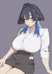  1girl absurdres alternate_costume arm_support black_hair black_skirt blue_hair breasts closed_mouth collared_shirt grey_background highres hololive hololive_english huge_breasts miniskirt multicolored_hair office_lady pencil_skirt pomuya shirt shirt_tucked_in simple_background skirt solo twitter_username virtual_youtuber white_shirt 