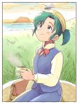  1girl animal_on_head aqua_hair bag blue_pants blue_vest bow bowtie bug cup day dragonfly earrings grass hat hatsuseno_alpha highres holding holding_cup jewelry on_head outdoors pants ponytail purple_eyes red_bow red_bowtie shirt sitting smile solo steam tsubobot vest white_shirt yellow_hat yokohama_kaidashi_kikou 