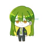  1boy armband black_jacket black_pants chibi collared_shirt dress_shirt full_body funnibunni green_armband green_hair green_necktie highres jacket lobotomy_corporation long_hair long_sleeves looking_at_viewer male_focus necktie netzach_(project_moon) orange_eyes pants project_moon shirt simple_background solo standing white_background white_shirt 