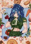  abs black_gloves blue_eyes blue_hair candy cherry closed_mouth cookie earrings food fruit gloves green_jacket green_shorts hackeo_soda hair_lift hand_in_own_hair heart holding holding_own_hair jacket jewelry leona_heidern midriff military_uniform mushroom olive ponytail shorts suspenders the_king_of_fighters tomato triangle_earrings 
