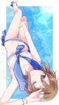  1girl absurdres arm_up bikini blue_neckerchief blue_sailor_collar border bracelet breasts brown_hair cleavage closed_mouth collarbone green_eyes hair_down highres idolmaster idolmaster_cinderella_girls jewelry kimura_natsuki kumatsuki_(no-kirin) looking_at_viewer navel neckerchief one_eye_closed outside_border sailor_bikini sailor_collar sailor_swimsuit_(idolmaster) short_hair solo swimsuit upside-down white_bikini white_border 