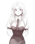  1girl arms_behind_back blush breasts character_request copyright_request facing_viewer imam_(oozlo) korean_commentary large_breasts md5_mismatch monochrome necktie short_hair short_sleeves solo 