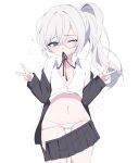  1girl absurdres artist_request black_jacket black_skirt blue_eyes clothes_lift clothes_pull collared_shirt commission cowboy_shot double_v grey_hair highres jacket long_hair long_sleeves looking_at_viewer monocle mouth_hold navel neck_ribbon one_eye_closed original panties pleated_skirt ribbon second-party_source shirt shirt_lift side_ponytail simple_background skirt skirt_pull solo underwear v white_background white_panties white_shirt 