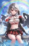  1girl :d absurdres adapted_costume bikini bikini_top_only black_collar black_gloves black_hair black_jacket braid braided_bangs breasts chest_belt collar commentary_request day fingerless_gloves gloves grey_hair hair_ornament hairclip hand_up highres hololive jacket large_breasts looking_at_viewer medium_hair miniskirt multicolored_hair o-ring o-ring_thigh_strap open_clothes open_jacket open_mouth orca outdoors plaid_clothes plaid_skirt pleated_skirt rainbow red_eyes red_skirt revision sakamata_chloe sakamata_chloe_(1st_costume) sitting skirt smile soaking_feet streaked_hair swimsuit thigh_strap two-sided_fabric two-sided_jacket virtual_youtuber wajuniorbox wavy_hair white_bikini x_hair_ornament 