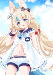  1girl absurdres animal_ear_fluff animal_ears arm_up artist_name blonde_hair blue_bow blue_eyes blue_hair blue_nails blue_sailor_collar blunt_bangs bow cat_ears cowboy_shot cyanzan dress fang frilled_dress frilled_sailor_collar frills hair_bow head_tilt highres indie_virtual_youtuber long_hair looking_at_viewer midriff multicolored_hair navel one_side_up parted_lips petite ribbon-trimmed_dress ribbon_trim sailor_collar sailor_dress sameko_saba short_shorts shorts sidelocks solo stomach streaked_hair twintails very_long_hair virtual_youtuber white_dress white_shorts 