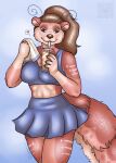 anthro arthropod blue_background blueroses bodily_fluids bottomwear bra brown_eyes brown_hair clothing container crustacean cup drinking_straw_in_mouth female fur hair heart_symbol hi_res hybrid mammal marine mustelid nadia_(tenpoundhammer) otter pink_body pink_fur shrimp simple_background skirt solo sports_bra sweat towel underwear