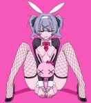 1girl absurdres animal_ears annoyed blue_eyes blue_hair bound bound_wrists breasts channel_(caststation) clenched_teeth commentary convenient_censoring cuffs fishnet_thighhighs fishnets full_body hair_ornament hairband hairclip handcuffs hatsune_miku high_heels highres knees_up looking_at_viewer medium_breasts necktie pink_background playboy_bunny rabbit_ears rabbit_hole_(vocaloid) reverse_bunnysuit reverse_outfit short_twintails shrug_(clothing) simple_background sitting solo spread_legs straight-on stuffed_animal stuffed_rabbit stuffed_toy sweatdrop teardrop_facial_mark teeth thighhighs tsundere twintails vocaloid x_hair_ornament 