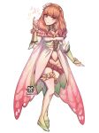  1girl armband bug butterfly celica_(fire_emblem) celica_(resplendent)_(fire_emblem) dress earrings fairy fairy_wings fire_emblem fire_emblem_echoes:_shadows_of_valentia fire_emblem_heroes flower flower_armlet green_armband green_shoes hair_flower hair_ornament highres hinahaii jewelry long_hair looking_at_viewer magic official_alternate_costume pink_dress pink_thighhighs princess red_eyes red_hair shoes thighhighs wings 