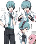  1boy 1girl absurdres belt black_gloves black_pants blue_belt blue_eyes blue_hair blue_necktie blush channel_(caststation) collared_shirt duplicate fingerless_gloves full-face_blush genderswap genderswap_(ftm) gloves hatsune_mikuo headphones headset highres holding holding_panties holding_underwear holding_unworn_clothes male_focus megurine_luka multiple_views necktie open_mouth panties pants pink_hair pixel-perfect_duplicate shirt short_hair simple_background smile striped_clothes striped_panties sweat translated underwear unworn_panties vocaloid white_background white_shirt 