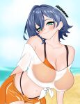  1girl absurdres beach belle_(summer_skies)_(zenless_zone_zero) belle_(zenless_zone_zero) bikini blue_hair blush breasts green_eyes highres kinkandink looking_at_viewer navel orange_shorts shirt short_hair shorts smug stomach swimsuit tied_shirt white_shirt zenless_zone_zero 