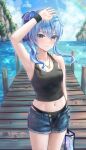  1girl :t absurdres alternate_costume arm_up armpits asymmetrical_sidelocks bag bare_shoulders bikini black_bikini black_tank_top blue_eyes blue_hair blue_ribbon blue_shorts blush breasts cowboy_shot crop_top day denim denim_shorts dock double-parted_bangs earrings hair_between_eyes hair_ribbon handbag highres holding holding_bag hololive hoshimachi_suisei jewelry looking_at_viewer midriff navel ocean one_side_up open_fly outdoors pout revision ribbon shading_eyes short_shorts shorts side_ponytail sidelocks single_off_shoulder small_breasts solo standing star_(symbol) star_earrings star_in_eye straight-on swimsuit symbol_in_eye tank_top tankini transparent_bag virtual_youtuber wajuniorbox wristband 