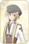  1boy arch_bishop_(ragnarok_online) black_hat blonde_hair brown_coat brown_eyes closed_mouth coat commentary_request cropped_jacket dated_commentary expressionless hat jacket long_sleeves looking_at_viewer male_focus newsboy_cap ragnarok_online sharari short_hair solo upper_body white_jacket yellow_background 