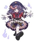 1girl :d black_ribbon black_shoes black_skirt blush chinese_clothes colored_skin commentary fang floral_print full_body furiba_794 grey_skin hat hat_ornament highres jiangshi lace-trimmed_sleeves lace_trim looking_at_viewer medium_hair miyako_yoshika neck_ribbon newsboy_cap ofuda open_mouth outstretched_arms petticoat print_skirt purple_eyes purple_hair purple_hat red_shirt ribbon shirt shoes short_sleeves simple_background skirt smile solo star_(symbol) star_hat_ornament stitches tangzhuang touhou white_background zombie_pose 