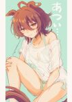  1girl agnes_tachyon_(umamusume) agoumauma2 ahoge animal_ears artist_name bare_shoulders bikini blush breasts brown_hair chemical_structure cleavage closed_mouth collarbone earrings embarrassed green_bikini hair_between_eyes hair_tie hand_on_own_knee highres horse_ears horse_girl horse_tail huge_ahoge jewelry knee_up large_breasts medium_hair off_shoulder red_eyes see-through_clothes see-through_sleeves shirt signature single_earring solo sweat swimsuit tail twitter_username umamusume white_shirt wolf_cut 