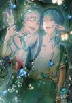  2boys backpack bag belt black_hair black_pants bug butterfly collared_shirt cowboy_shot hand_on_another&#039;s_arm hand_on_another&#039;s_face highres hikaru_(hikaru_ga_shinda_natsu) hikaru_ga_shinda_natsu looking_at_another looking_at_viewer male_focus multiple_boys pants pineapp80783931 school_uniform shirt short_hair short_sleeves smile tears teeth tongue tsujinaka_yoshiki upper_teeth_only white_hair white_shirt yellow_eyes 