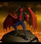  2017 anthro armor belt biped boots claws clothed clothing cygnis_flayinthere digital_media_(artwork) dragon footwear front_view gloves gun holding_object holding_weapon horn humanoid jacket jeans knee_pads legwear male membranous_wings orange_eyes outside pants ranged_weapon red_scales scales scalie shotgun shoulder_pads solo standing victoriadaedra video_games water weapon wings 