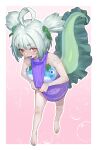  1girl :d absurdres agemmata ahoge bare_arms bare_legs bare_shoulders barefoot bubble bubble_hair_ornament clothes_pull colored_tongue commentary dress english_commentary fang frobble_(rebbi_rombpin) full_body green_hair green_nails green_tongue highres horizontal_pupils indie_virtual_youtuber looking_at_viewer nail_polish nipples no_pants open_mouth outline pink_background purple_dress purple_sweater rebbi_rompin red_eyes ribbed_sweater short_twintails simple_background skin_fang smile solo spiral_cheeks sweater sweater_dress sweater_pull tadpole_tail thick_eyebrows toenail_polish toenails turtleneck turtleneck_dress turtleneck_sweater twintails virgin_killer_sweater virtual_youtuber white_outline 