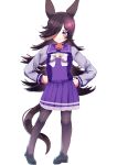  absurdres animal_ears black_pantyhose black_shoes blush bow bowtie brown_hair brown_tail closed_mouth commentary full_body grey_sleeves hair_over_one_eye hands_on_own_hips highres horse_ears horse_girl horse_tail long_hair long_sleeves looking_at_viewer one_eye_covered pantyhose pleated_skirt pout purple_eyes purple_sailor_collar purple_shirt purple_skirt rice_shower_(umamusume) sailor_collar school_uniform shirt shoes simple_background skirt standing suijsuji tail tracen_school_uniform umamusume white_background white_bow white_bowtie 